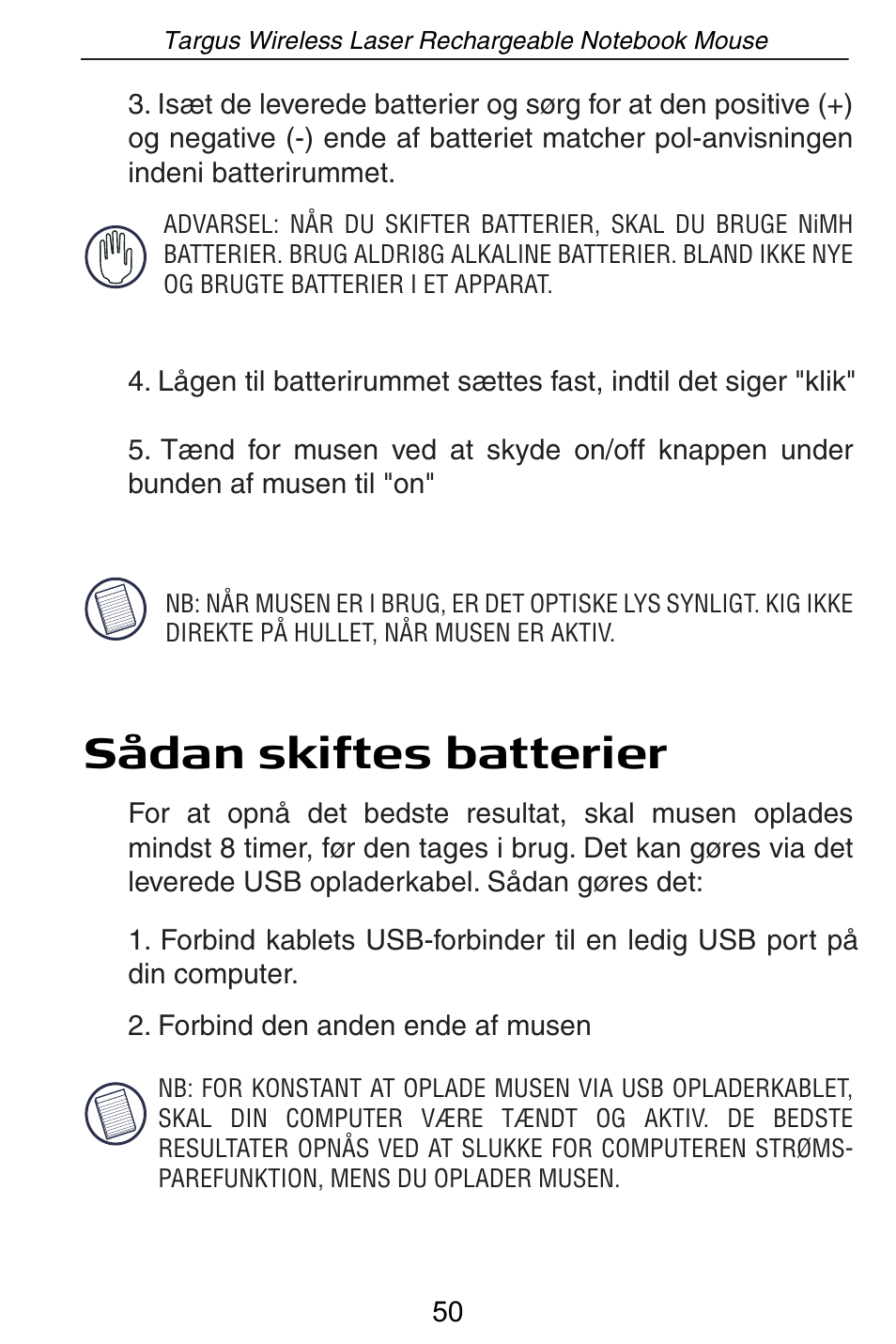 Sådan skiftes batterier | Targus AMW15EU User Manual | Page 50 / 259