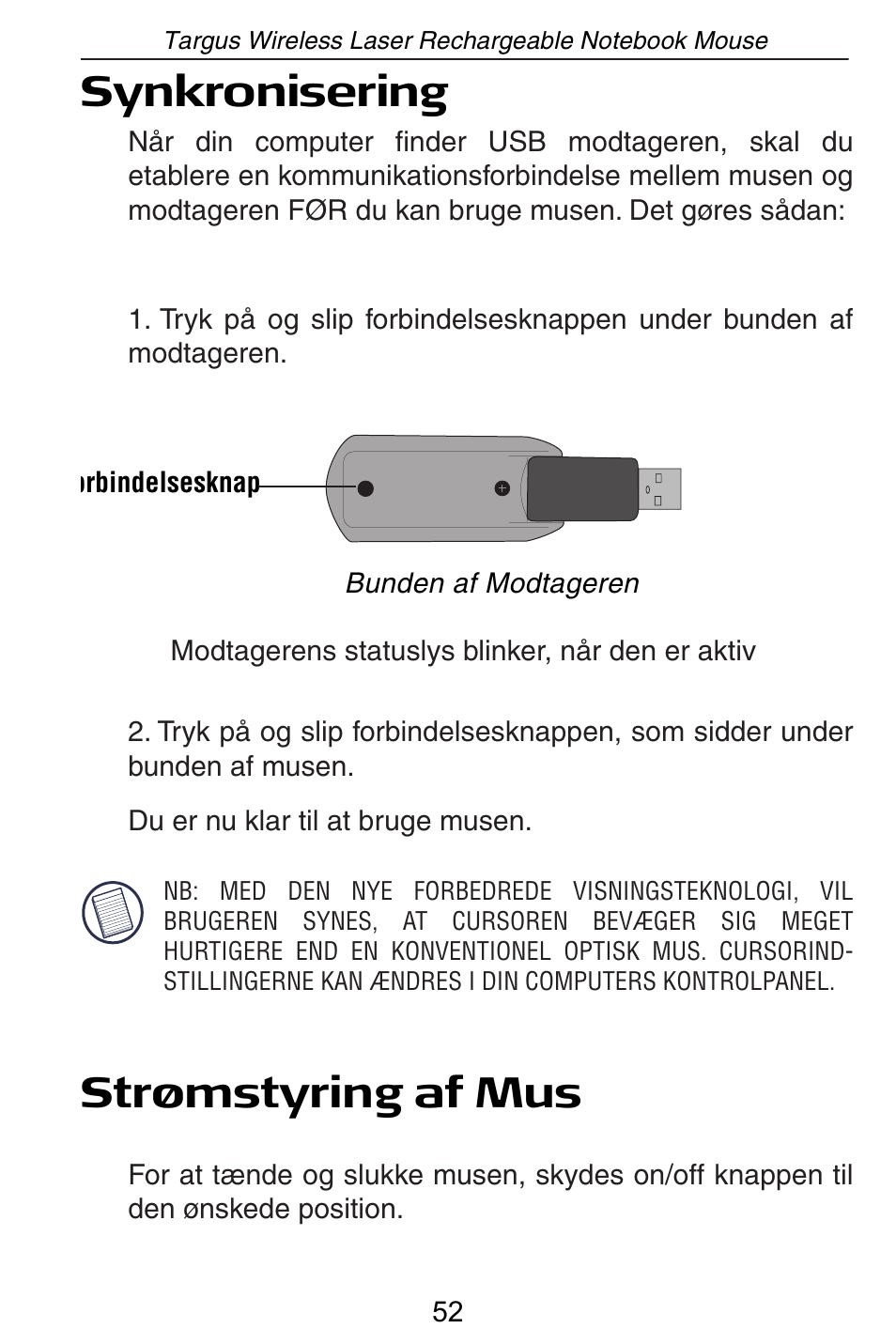 Synkronisering, Strømstyring af mus | Targus AMW15EU User Manual | Page 52 / 259