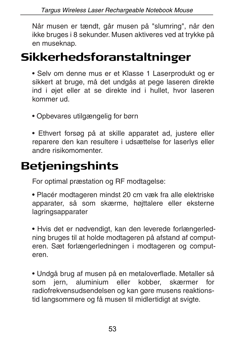 Sikkerhedsforanstaltninger betjeningshints | Targus AMW15EU User Manual | Page 53 / 259