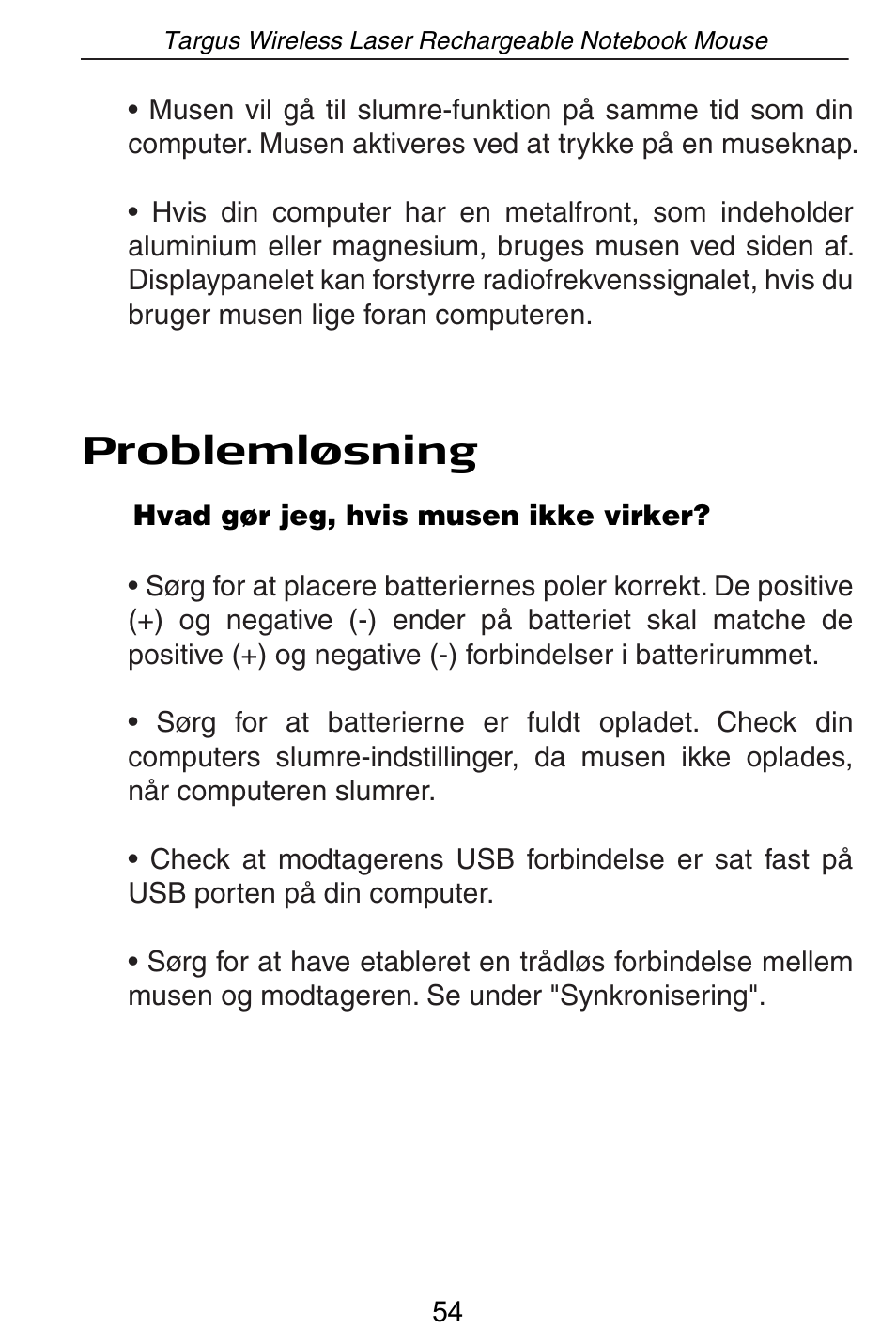Problemløsning | Targus AMW15EU User Manual | Page 54 / 259
