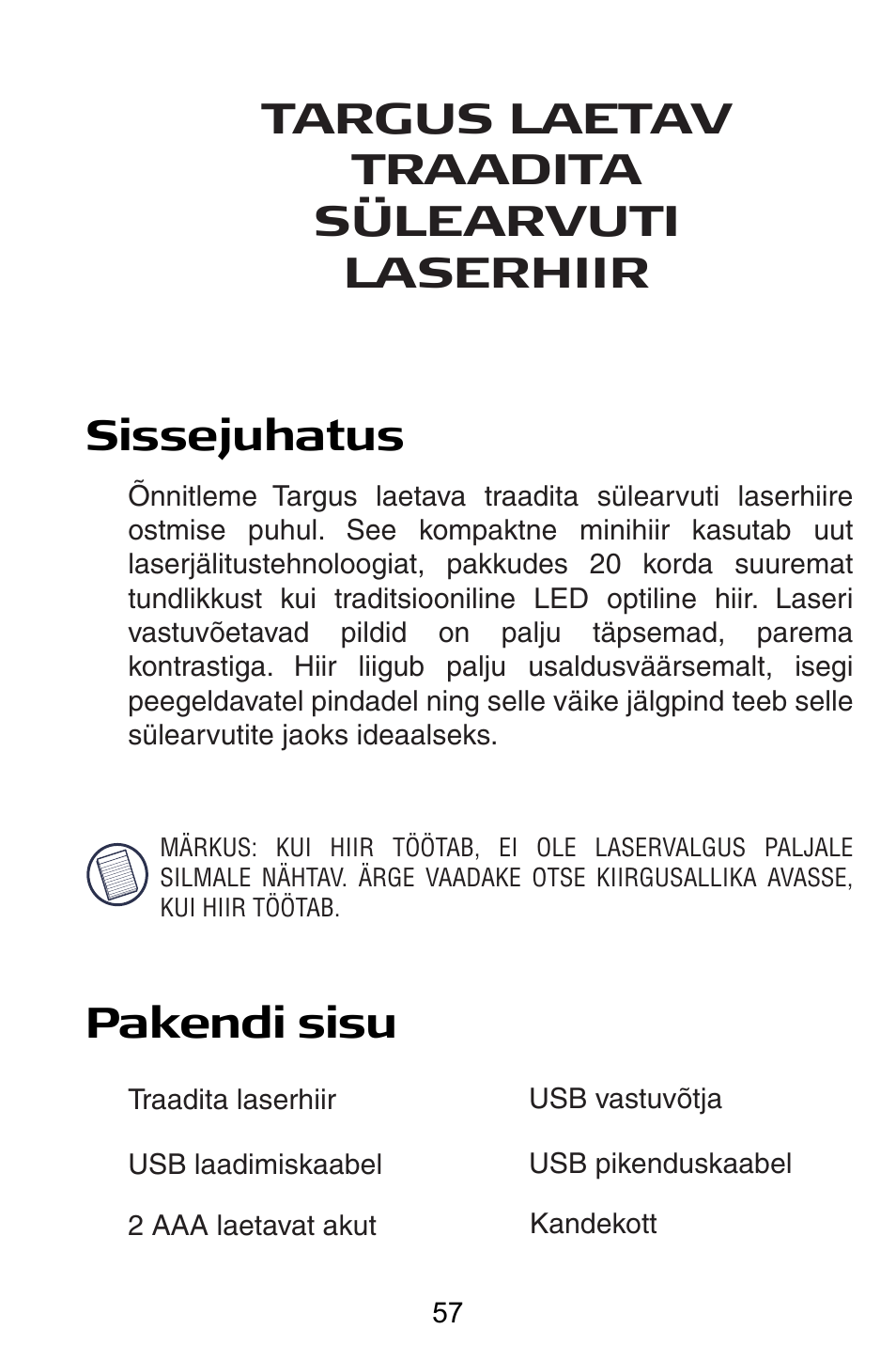 Ee – eesti | Targus AMW15EU User Manual | Page 57 / 259