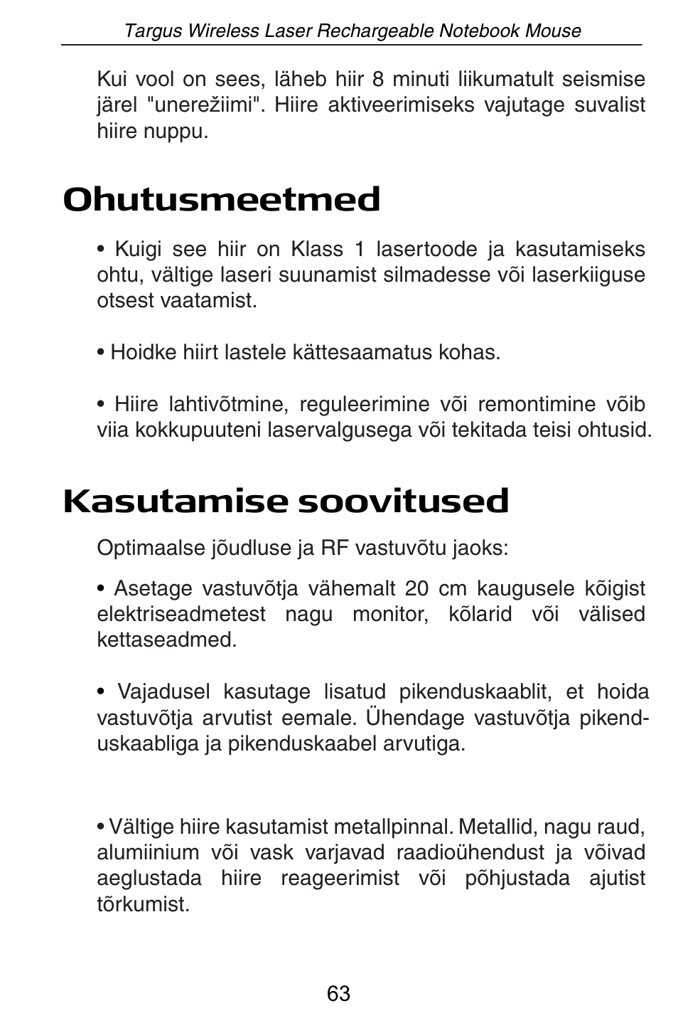 Ohutusmeetmed kasutamise soovitused | Targus AMW15EU User Manual | Page 63 / 259