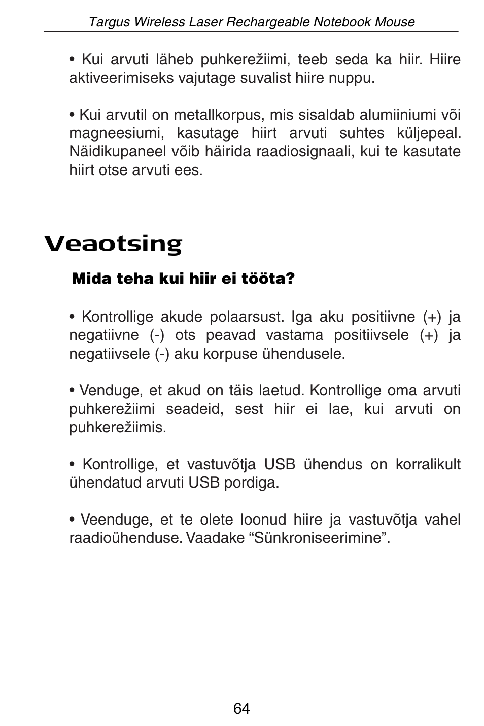 Veaotsing | Targus AMW15EU User Manual | Page 64 / 259