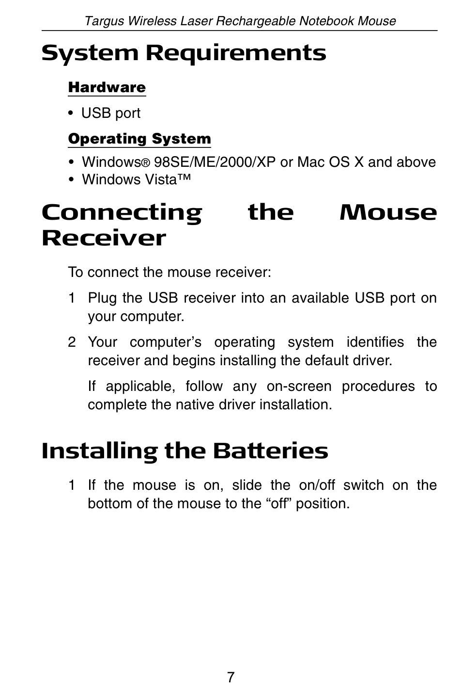 System requirements, Connecting the mouse receiver, Installing the batteries | Targus AMW15EU User Manual | Page 7 / 259