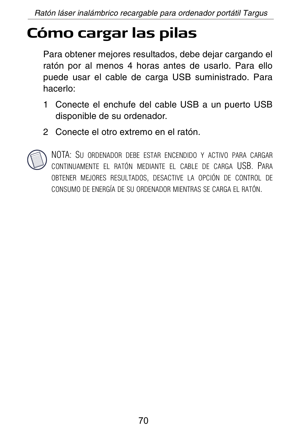 Cómo cargar las pilas | Targus AMW15EU User Manual | Page 70 / 259
