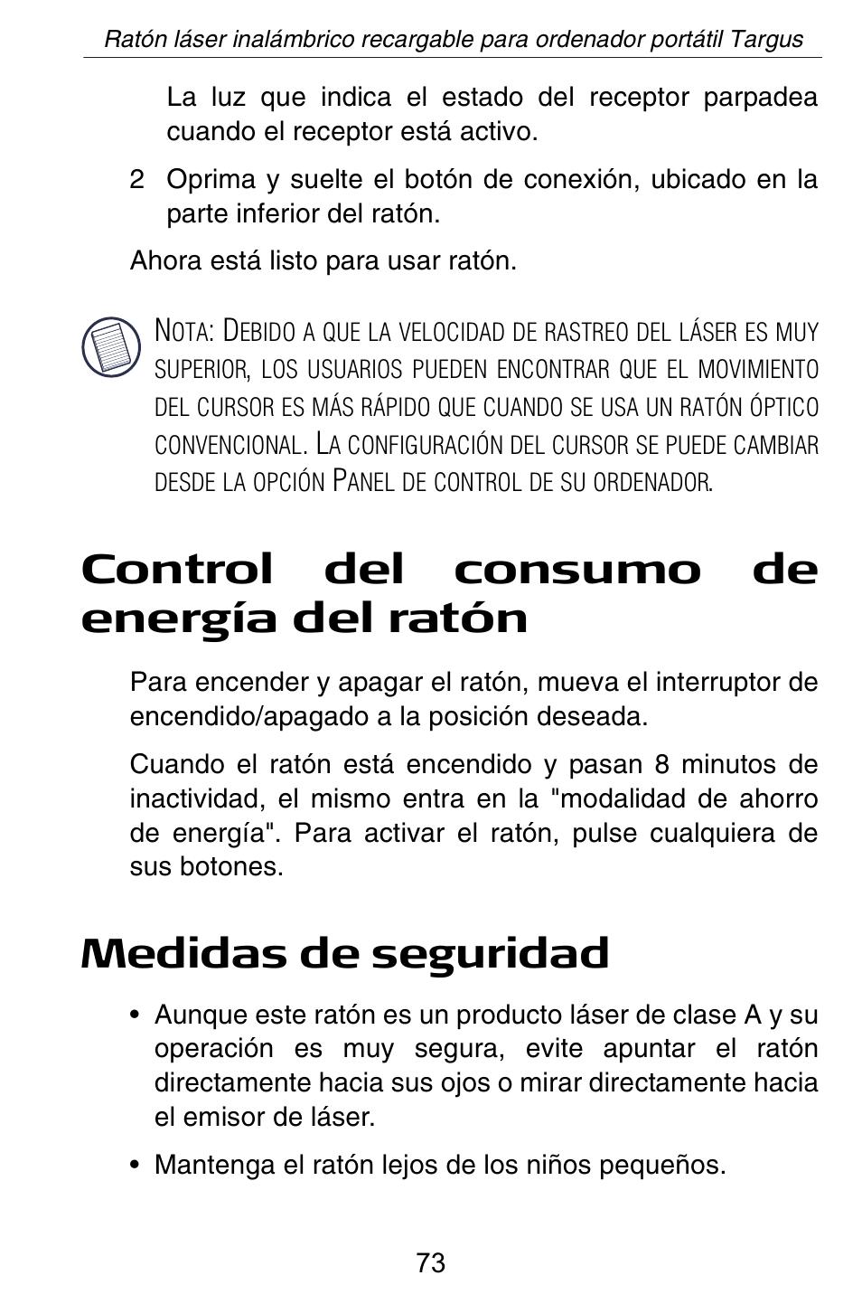 Control del consumo de energía del ratón, Medidas de seguridad | Targus AMW15EU User Manual | Page 73 / 259