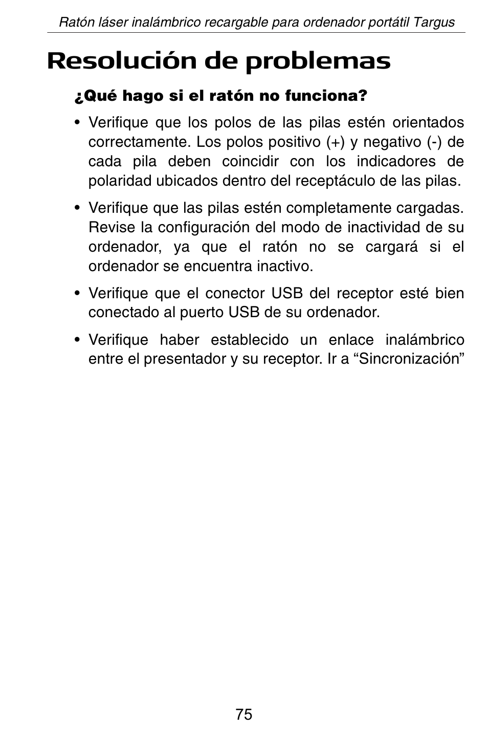 Resolución de problemas | Targus AMW15EU User Manual | Page 75 / 259