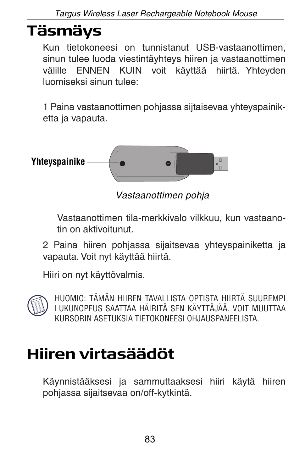 Täsmäys, Hiiren virtasäädöt | Targus AMW15EU User Manual | Page 83 / 259