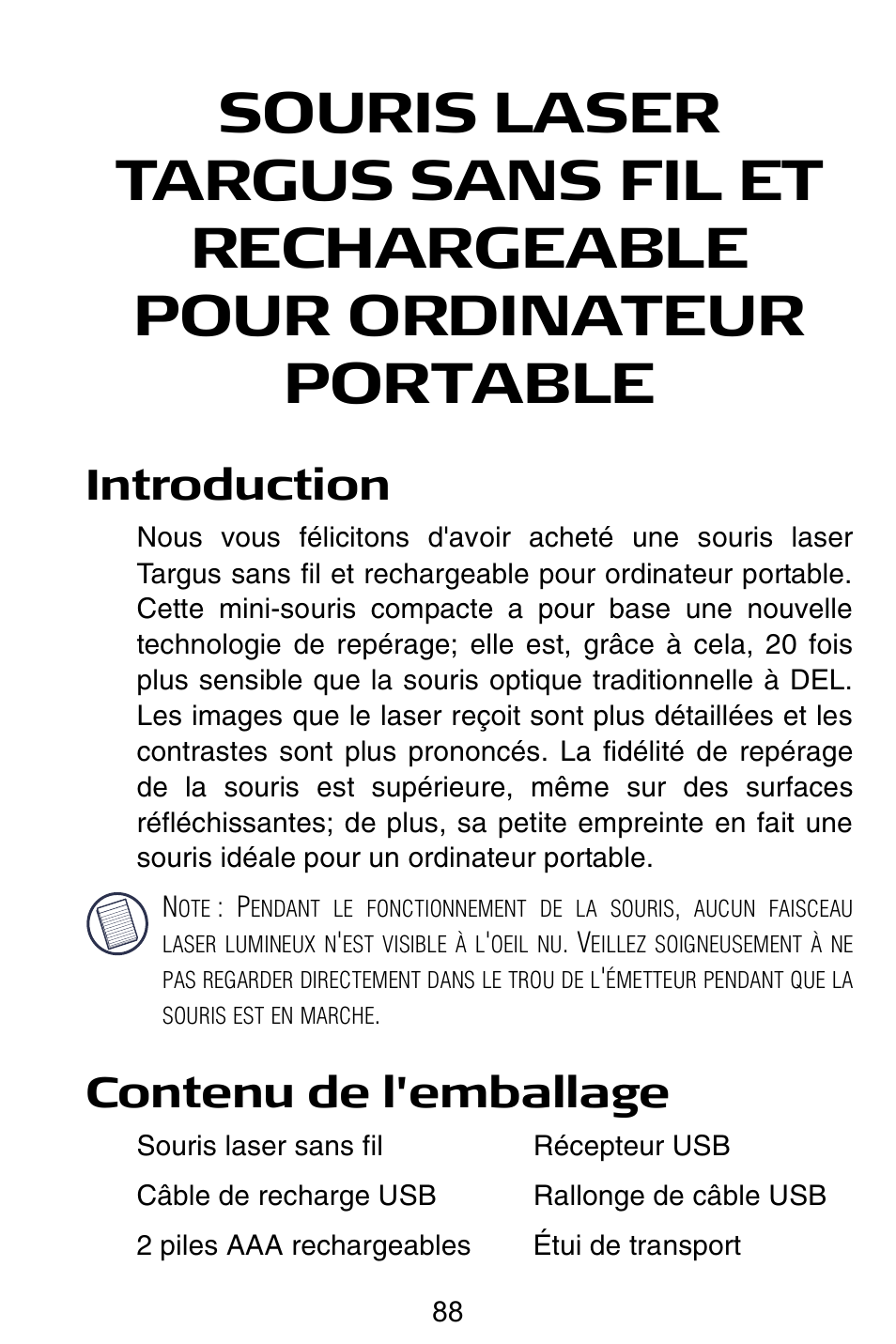 Fr – français, Introduction, Contenu de l'emballage | Targus AMW15EU User Manual | Page 88 / 259