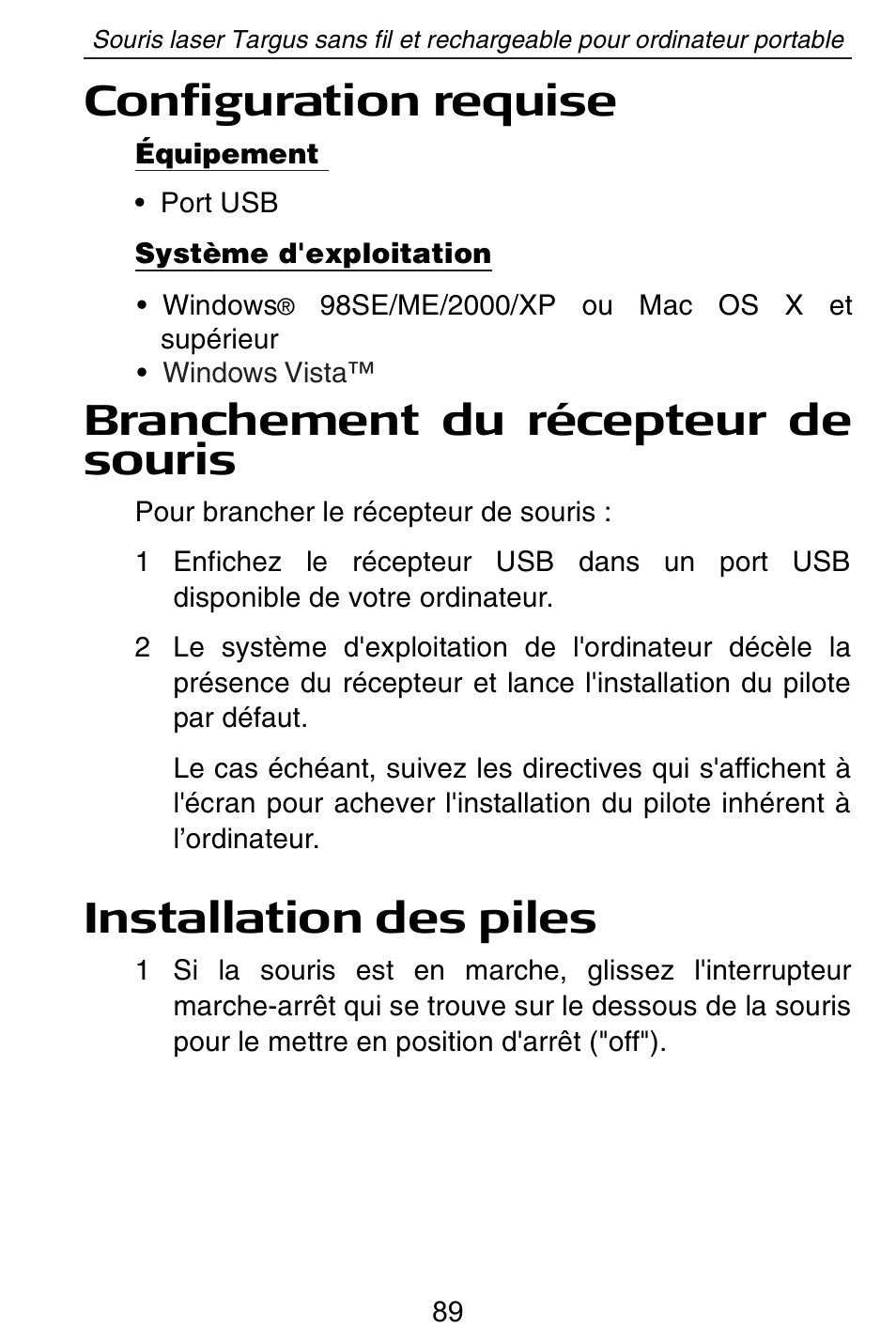 Configuration requise, Branchement du récepteur de souris, Installation des piles | Targus AMW15EU User Manual | Page 89 / 259