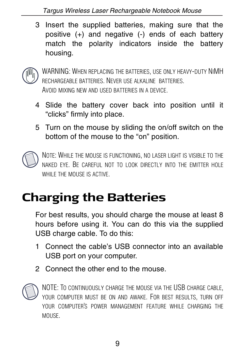 Charging the batteries | Targus AMW15EU User Manual | Page 9 / 259