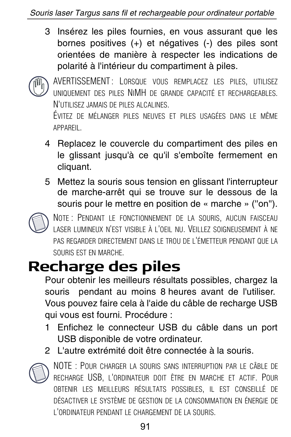 Recharge des piles | Targus AMW15EU User Manual | Page 91 / 259
