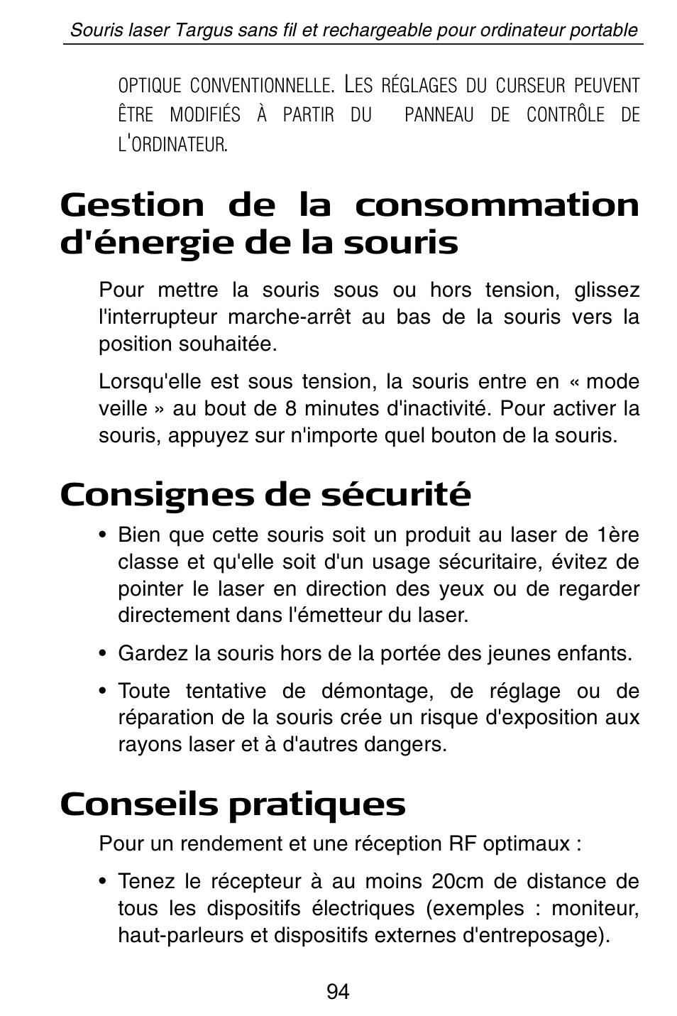 Gestion de la consommation d'énergie de la souris, Consignes de sécurité, Conseils pratiques | Targus AMW15EU User Manual | Page 94 / 259