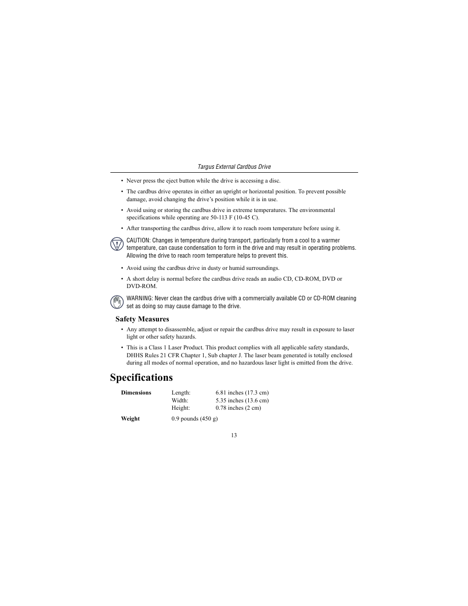 Safety measures, Specifications | Targus External Cardbus Drive User Manual | Page 13 / 19