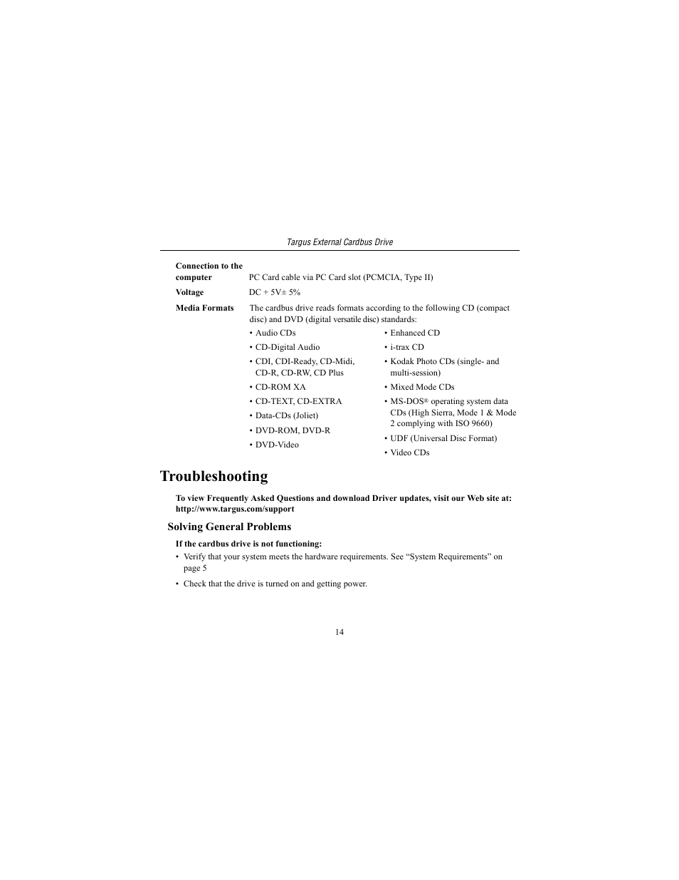 Troubleshooting, Solving general problems | Targus External Cardbus Drive User Manual | Page 14 / 19