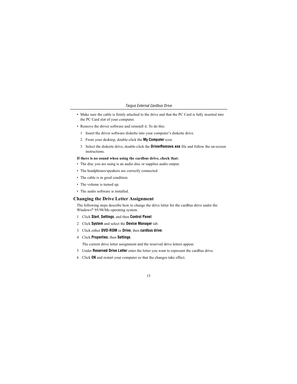 Changing the drive letter assignment | Targus External Cardbus Drive User Manual | Page 15 / 19