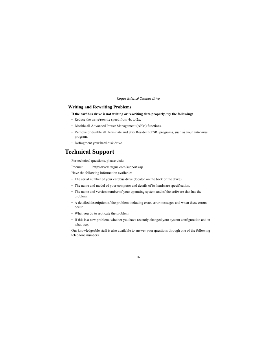 Writing and rewriting problems, Technical support | Targus External Cardbus Drive User Manual | Page 16 / 19