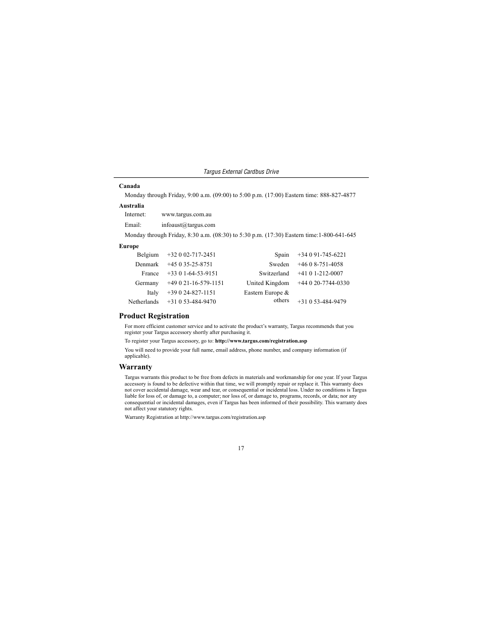 Product registration, Warranty | Targus External Cardbus Drive User Manual | Page 17 / 19