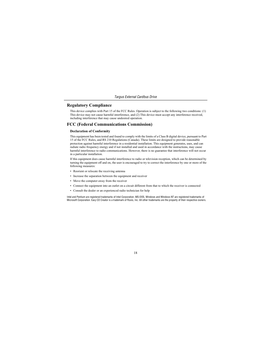 Regulatory compliance, Fcc (federal communications commission) | Targus External Cardbus Drive User Manual | Page 18 / 19