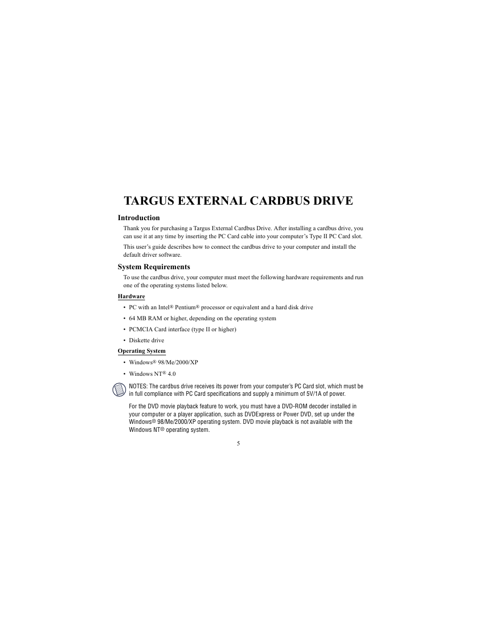 Targus external cardbus drive, Introduction, System requirements | Targus External Cardbus Drive User Manual | Page 5 / 19