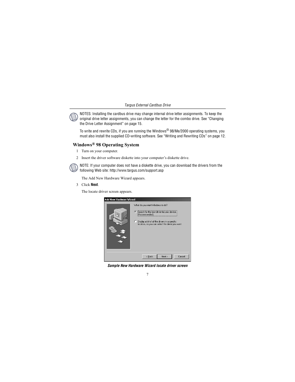 Windows® 98 operating system | Targus External Cardbus Drive User Manual | Page 7 / 19
