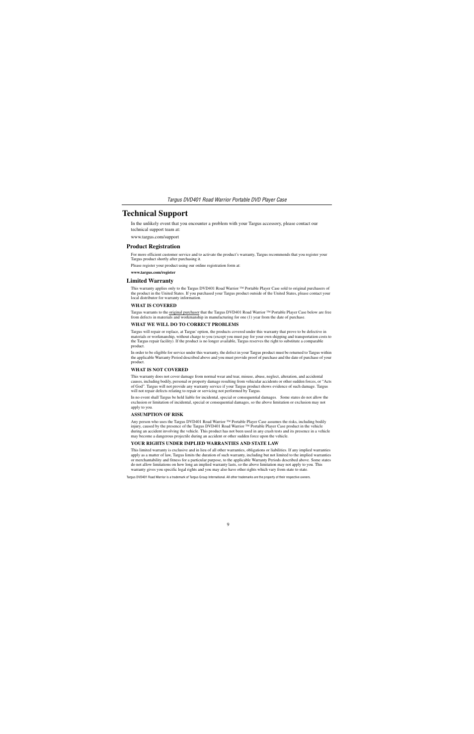 Technical support | Targus DVD401 User Manual | Page 9 / 11