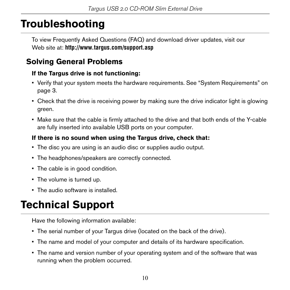 Troubleshooting, Technical support, Solving general problems | Targus PACD010/400-0137-001B User Manual | Page 10 / 12