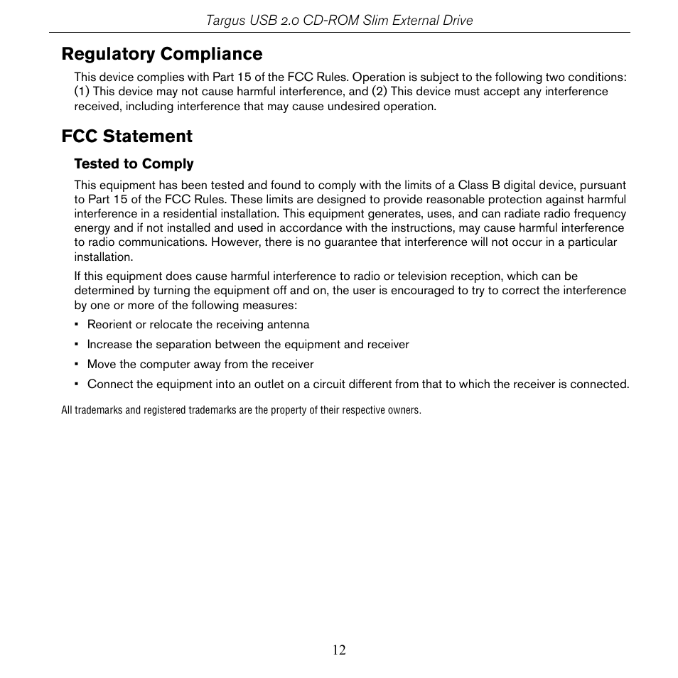 Regulatory compliance, Fcc statement | Targus PACD010/400-0137-001B User Manual | Page 12 / 12