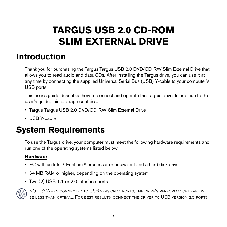 Targus usb 2.0 cd-rom slim external drive, Introduction, System requirements | Targus PACD010/400-0137-001B User Manual | Page 3 / 12