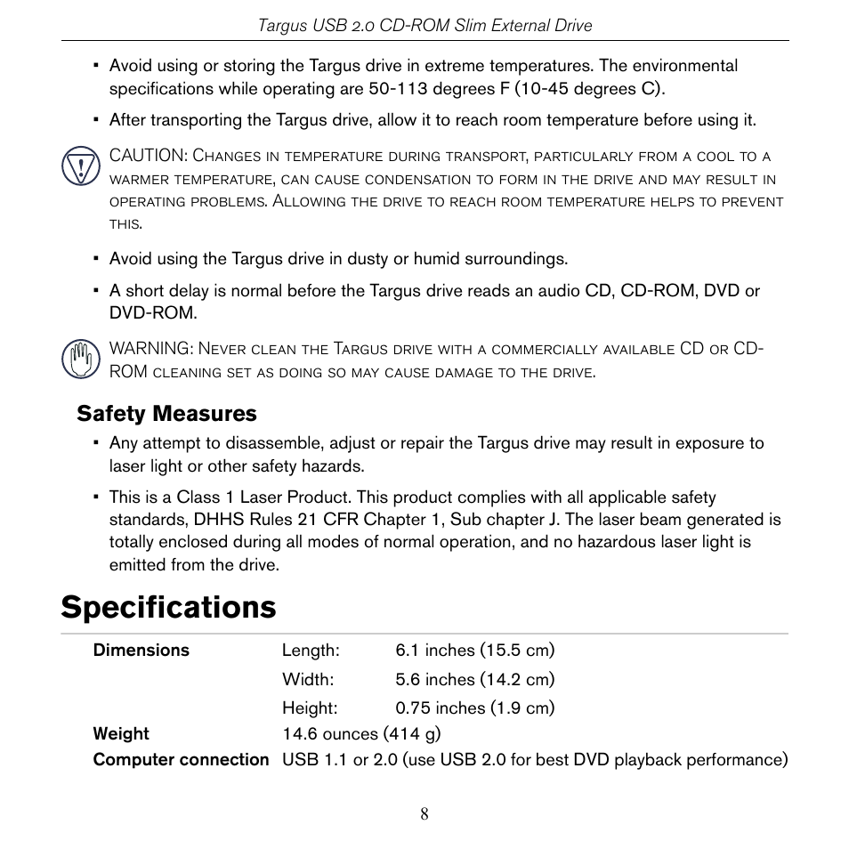 Specifications, Safety measures | Targus PACD010/400-0137-001B User Manual | Page 8 / 12