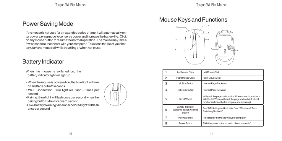 Battery indicator, Power saving mode mouse keys and functions, Targus wi-fi | Mouse | Targus Wi-Fi 410-2310-001A User Manual | Page 6 / 9