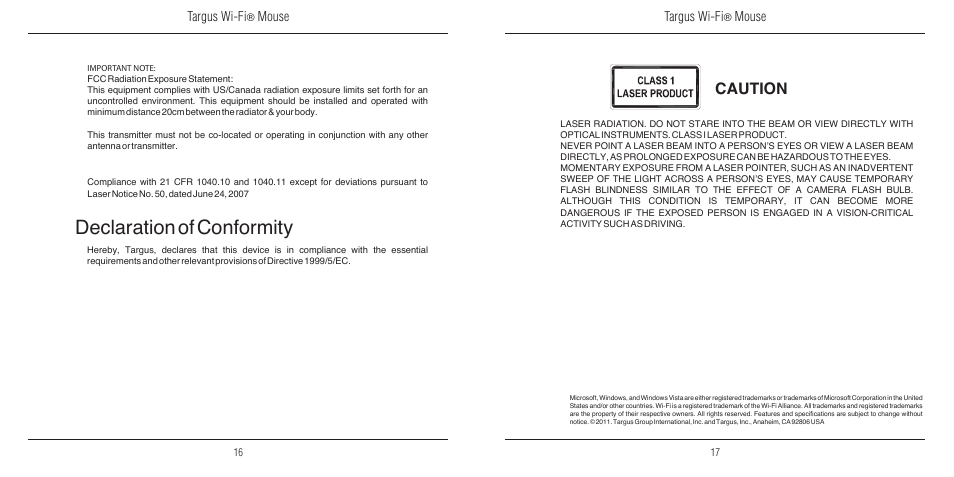 Declaration of conformity, Caution, Targus wi-fi | Mouse | Targus Wi-Fi 410-2310-001A User Manual | Page 9 / 9