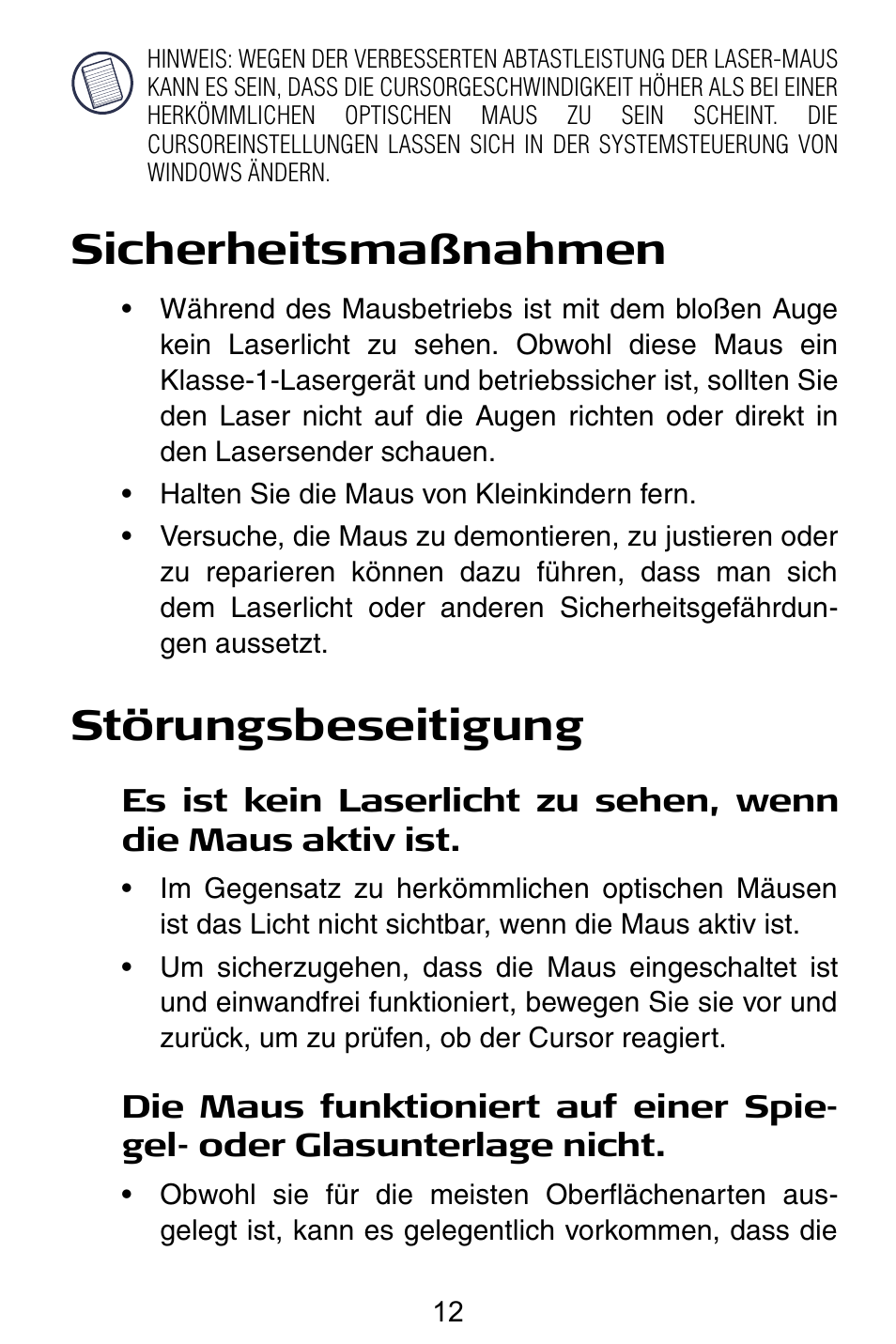 Sicherheitsmaßnahmen, Störungsbeseitigung | Targus Notebook Mouse User Manual | Page 12 / 52