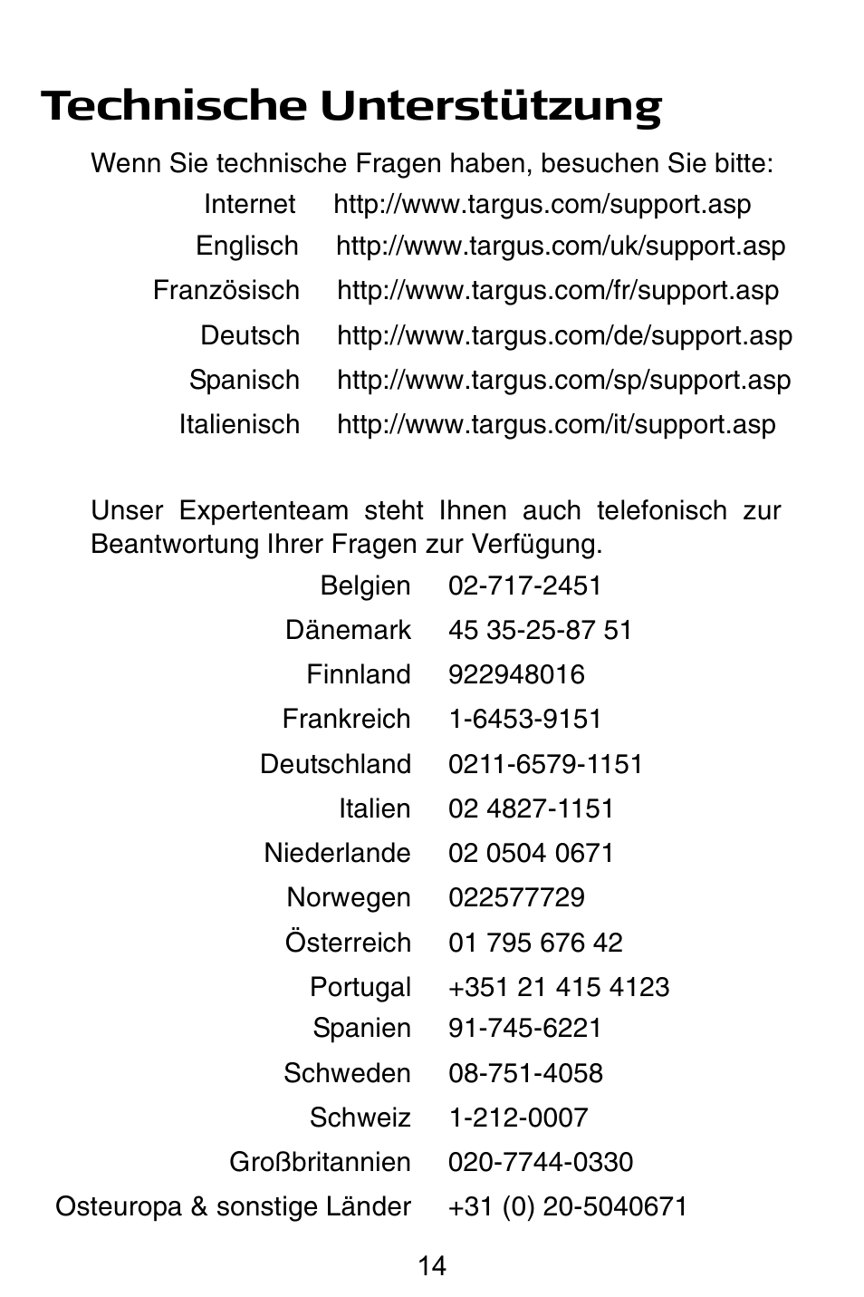 Technische unterstützung | Targus Notebook Mouse User Manual | Page 14 / 52