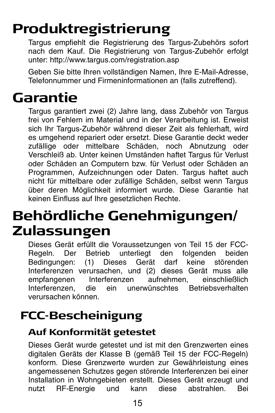 Produktregistrierung, Garantie, Behördliche genehmigungen/ zulassungen | Fcc-bescheinigung | Targus Notebook Mouse User Manual | Page 15 / 52