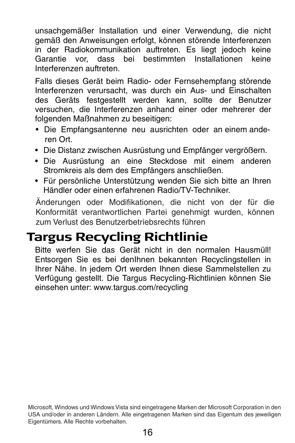Konformitätserklärung, Targus recycling richtlinie | Targus Notebook Mouse User Manual | Page 16 / 52