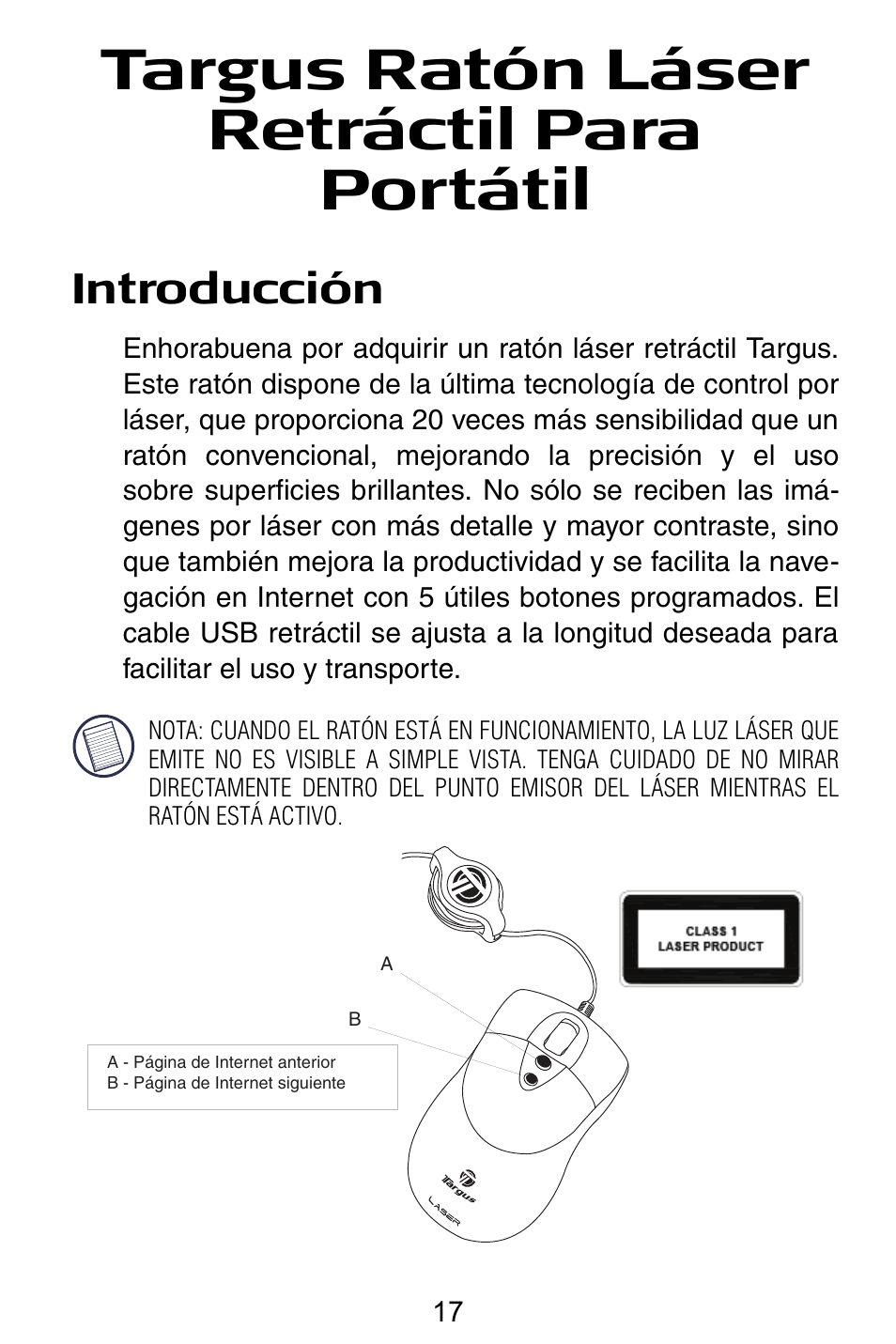 Targus ratón láser retráctil para portátil, Introducción | Targus Notebook Mouse User Manual | Page 17 / 52