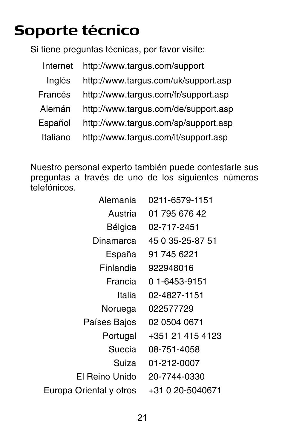 Soporte técnico | Targus Notebook Mouse User Manual | Page 21 / 52