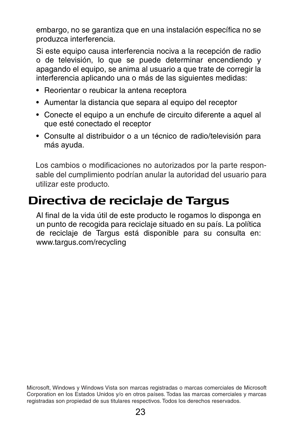 Declaración de conformidad, Directiva de reciclaje de targus | Targus Notebook Mouse User Manual | Page 23 / 52