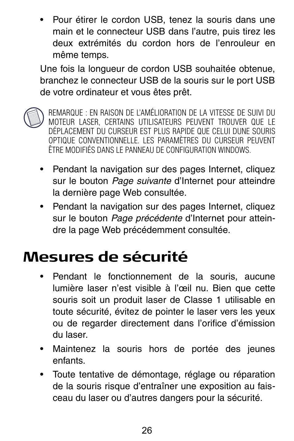 Mesures de sécurité | Targus Notebook Mouse User Manual | Page 26 / 52