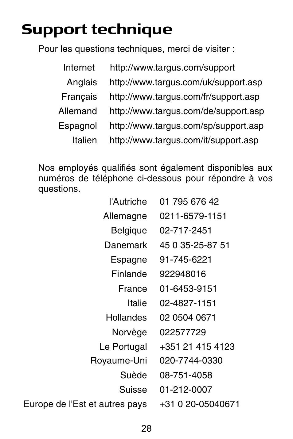Support technique | Targus Notebook Mouse User Manual | Page 28 / 52