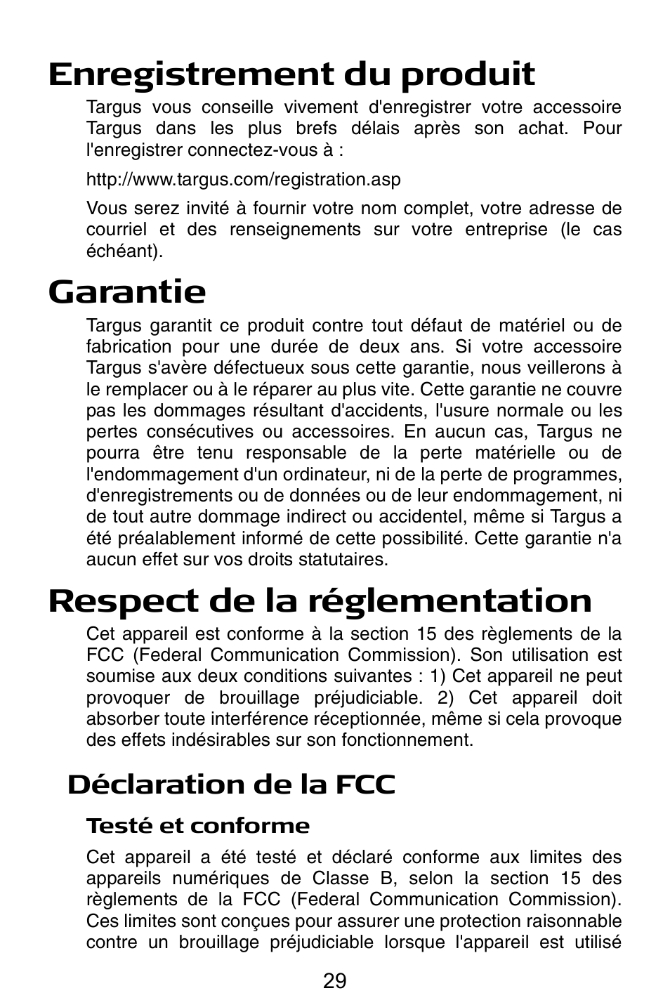 Enregistrement du produit, Garantie, Respect de la réglementation | Déclaration de la fcc | Targus Notebook Mouse User Manual | Page 29 / 52