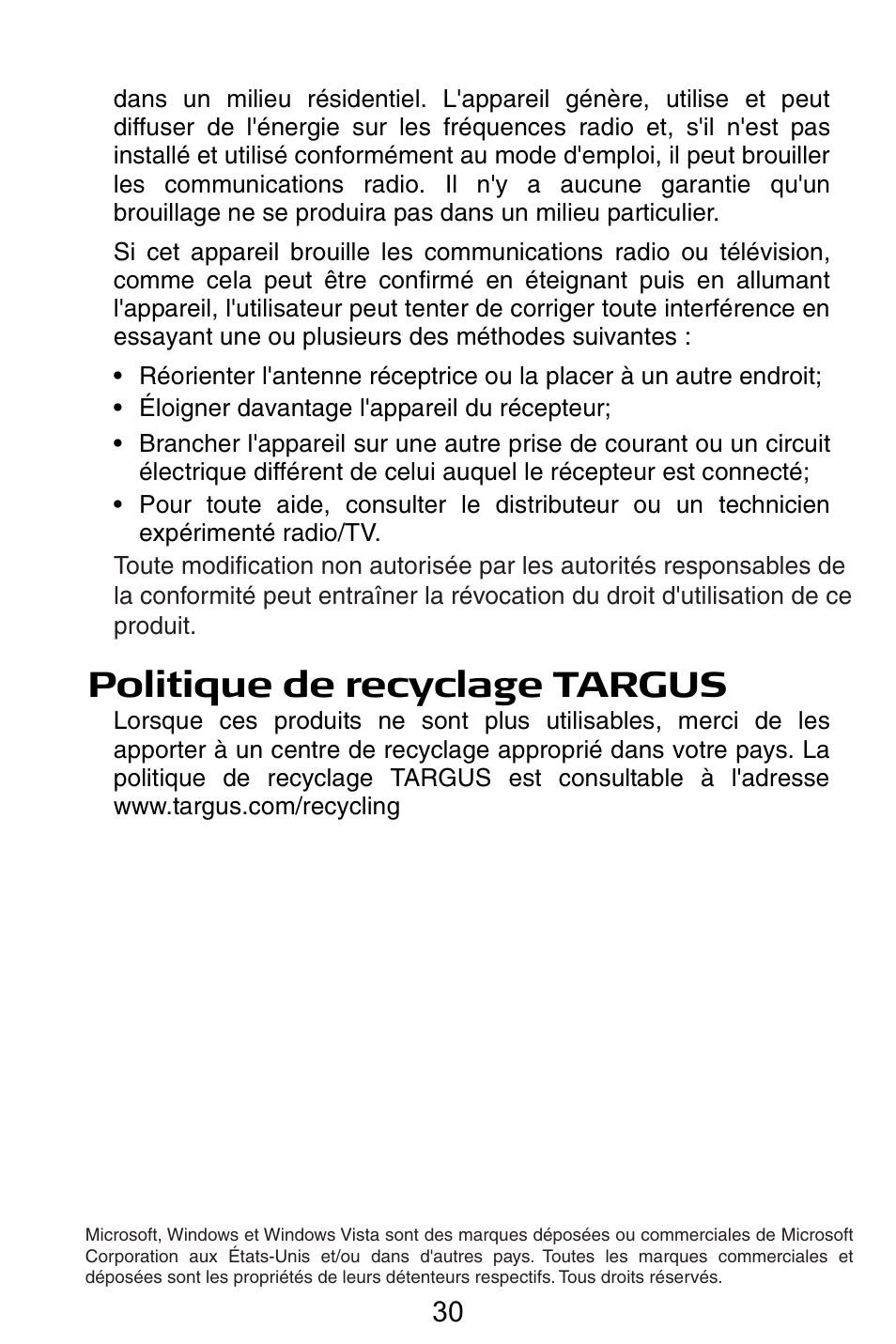 Conformément à la directive, Politique de recyclage targus | Targus Notebook Mouse User Manual | Page 30 / 52