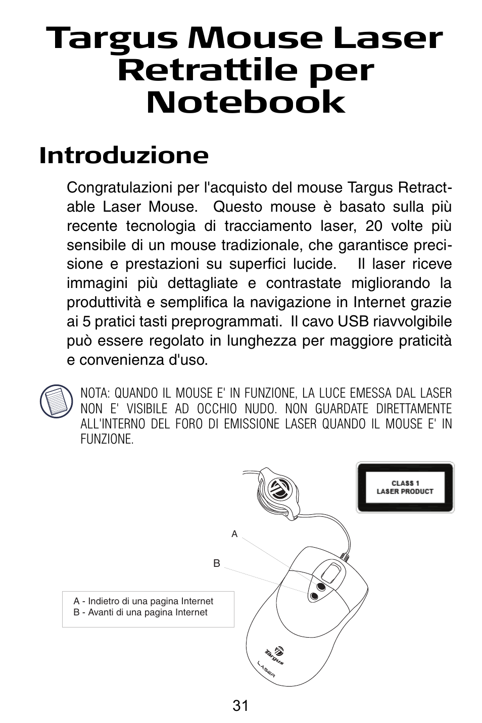 Introduzione | Targus Notebook Mouse User Manual | Page 31 / 52