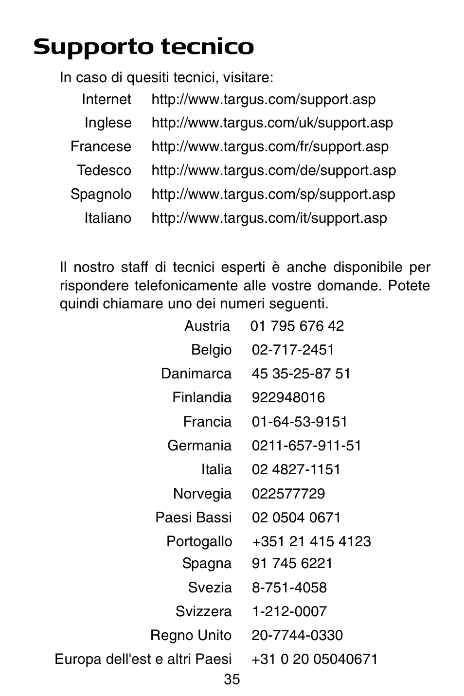 Supporto tecnico | Targus Notebook Mouse User Manual | Page 35 / 52