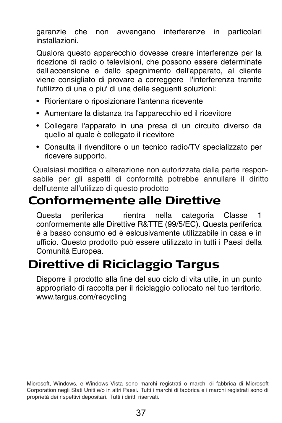 Conformemente alle direttive, Direttive di riciclaggio targus | Targus Notebook Mouse User Manual | Page 37 / 52