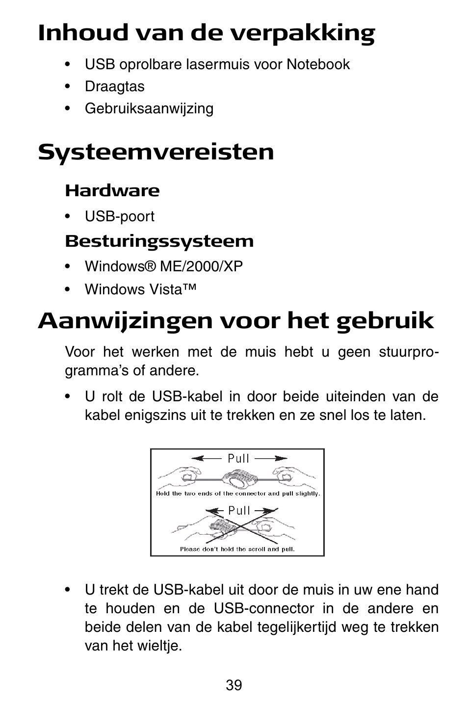 Inhoud van de verpakking, Systeemvereisten, Aanwijzingen voor het gebruik | Targus Notebook Mouse User Manual | Page 39 / 52
