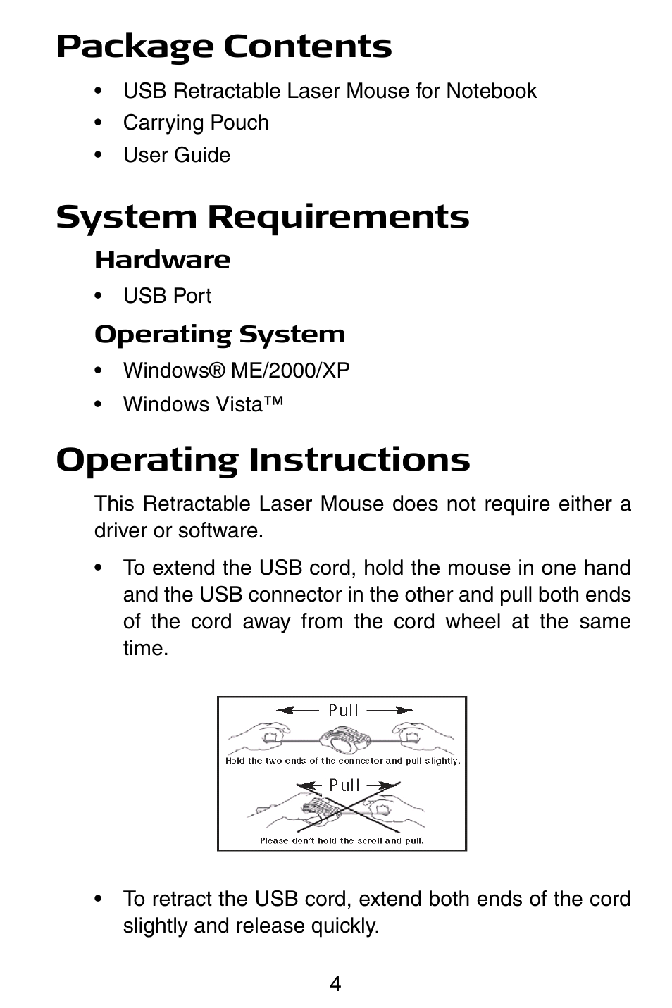 Package contents, System requirements, Operating instructions | Targus Notebook Mouse User Manual | Page 4 / 52