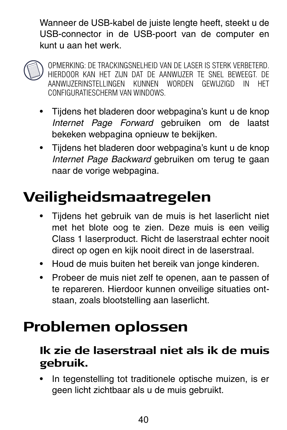 Veiligheidsmaatregelen, Problemen oplossen | Targus Notebook Mouse User Manual | Page 40 / 52
