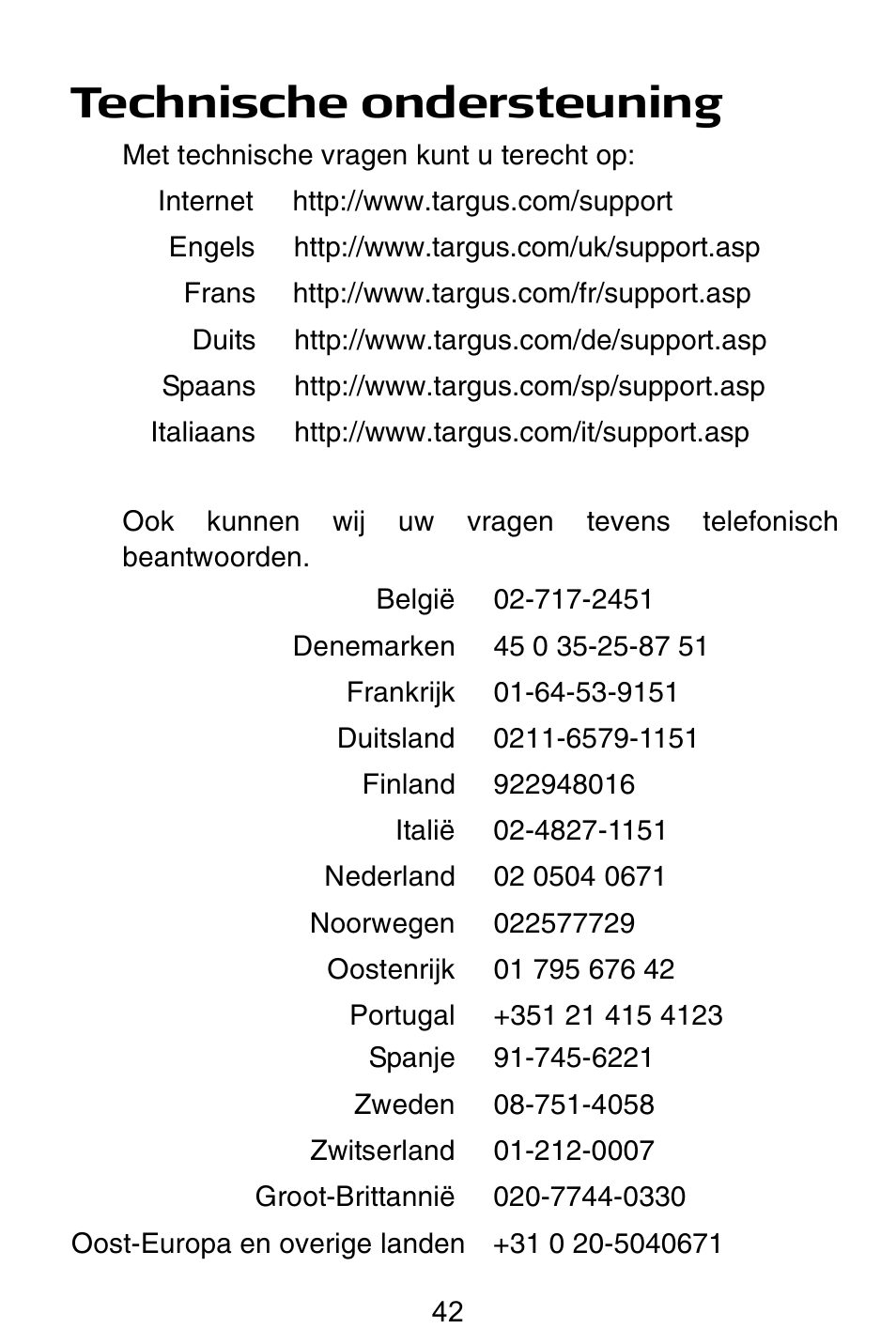 Technische ondersteuning | Targus Notebook Mouse User Manual | Page 42 / 52